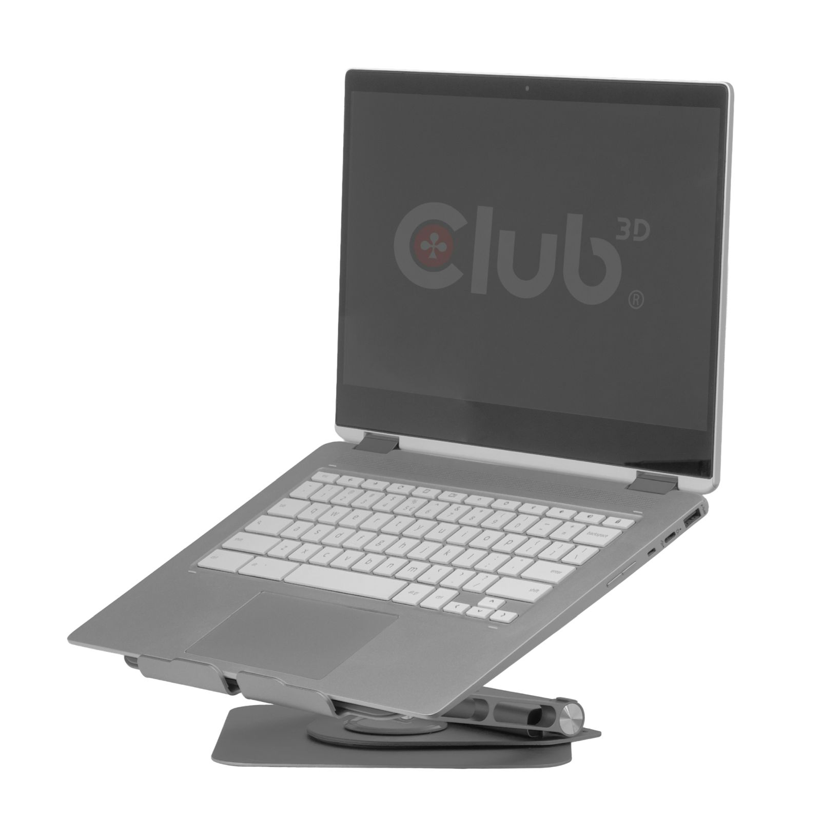 Un laptop argento con logo "Club 3D" su schermo scuro, su un supporto.