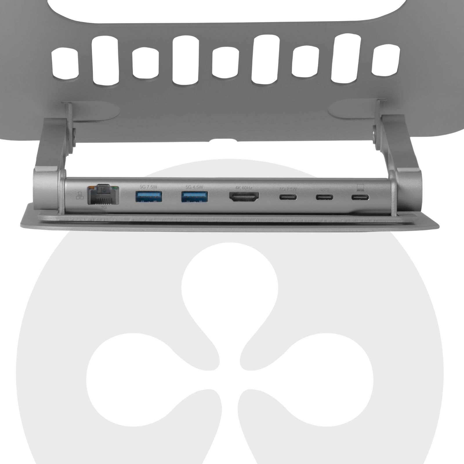 Un supporto d'argento per laptop con hub integrato multi-porta.