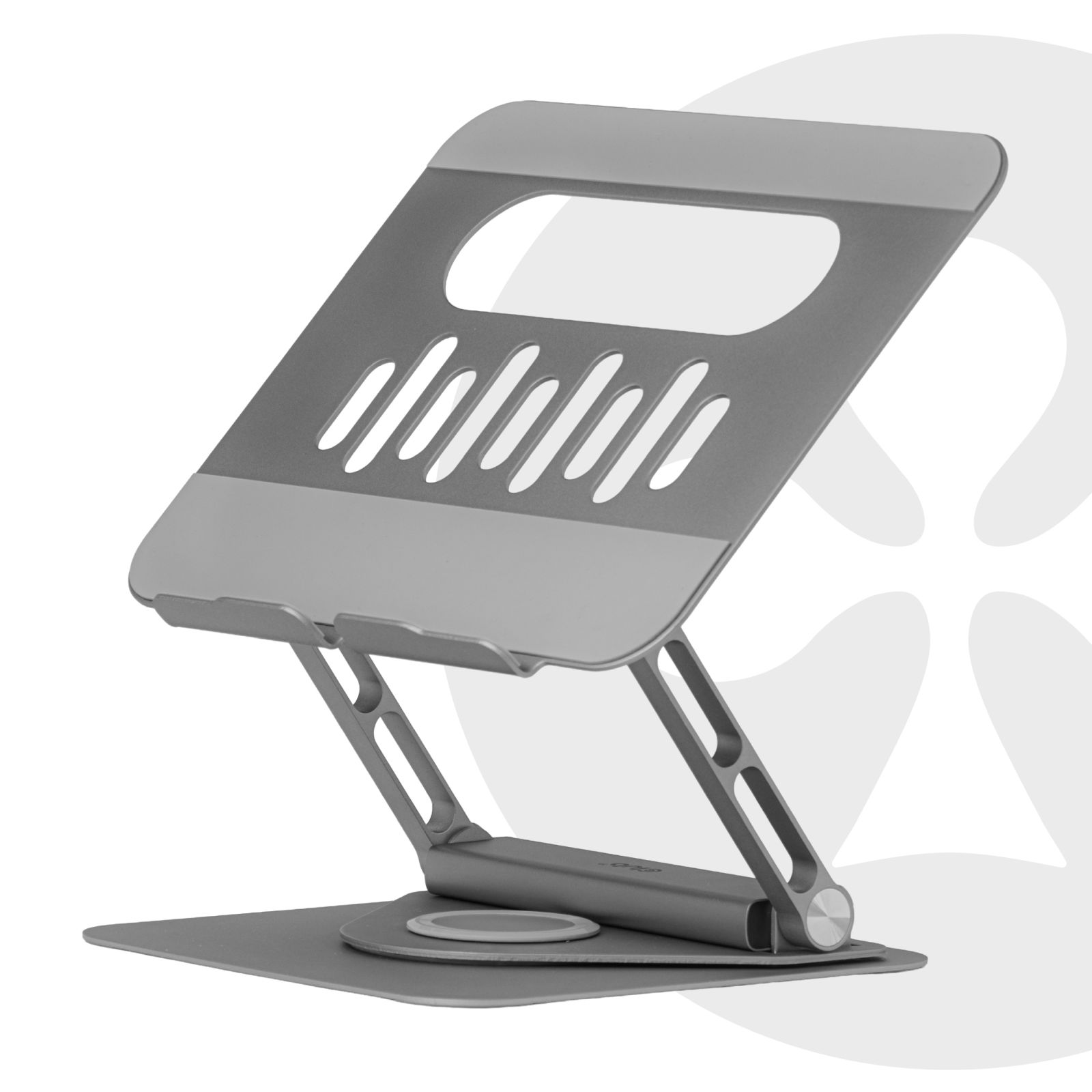 Un supporto per laptop argentato e regolabile con fessure.
