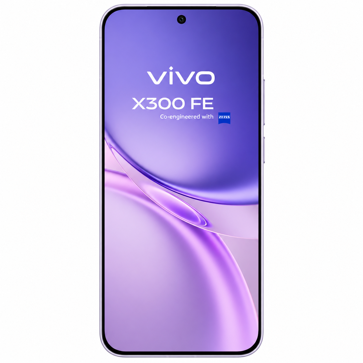Uno smartphone Vivo X300 FE viola con logo Zeiss.