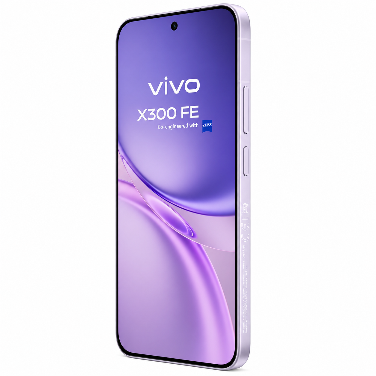 Mostrato uno smartphone Vivo X300 FE viola chiaro con uno sfondo astratto viola.