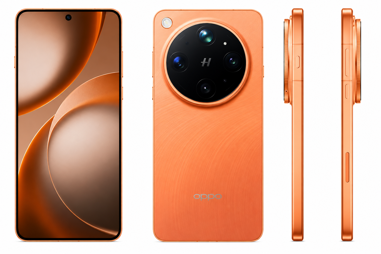 Smartphone arancione con fotocamera posteriore quadrupla e display curvo mostrato di fronte, retro e lati.