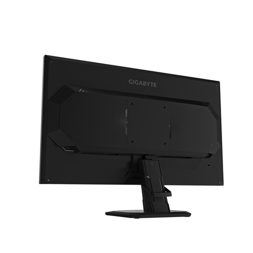 Vista posteriore di un monitor nero con logo GIGABYTE e supporto regolabile.