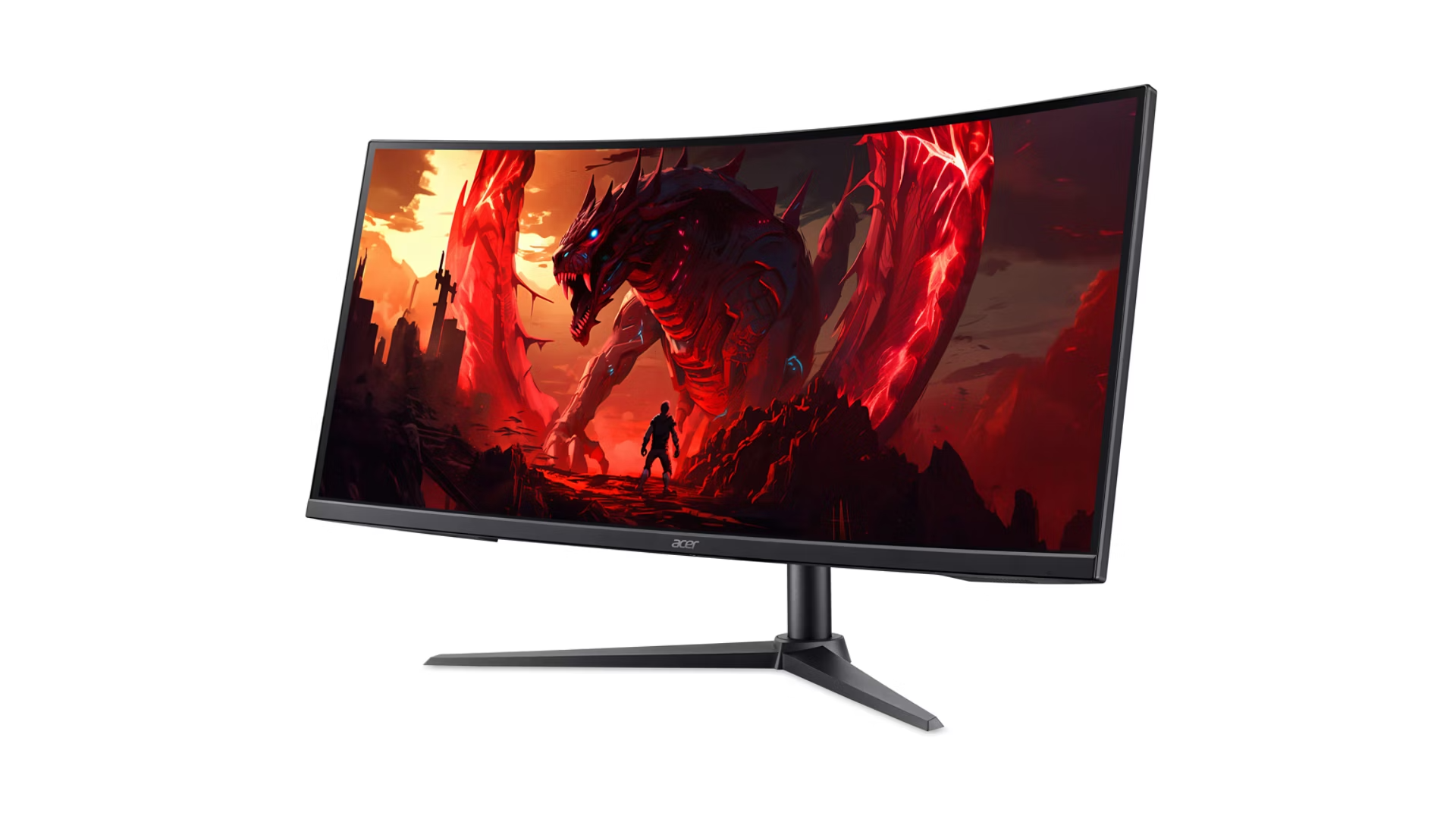 Un monitor curvo mostra un drago rosso e una silhouette davanti a una città.