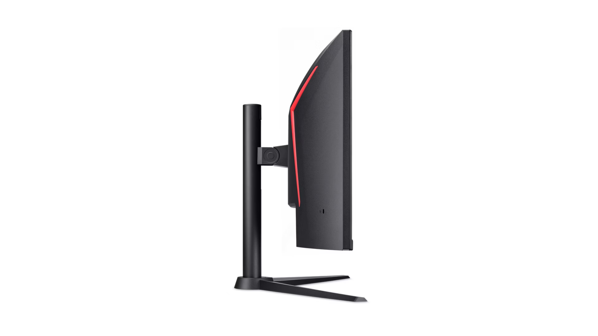 Monitor per computer nero con illuminazione d'accento rossa, vista laterale.