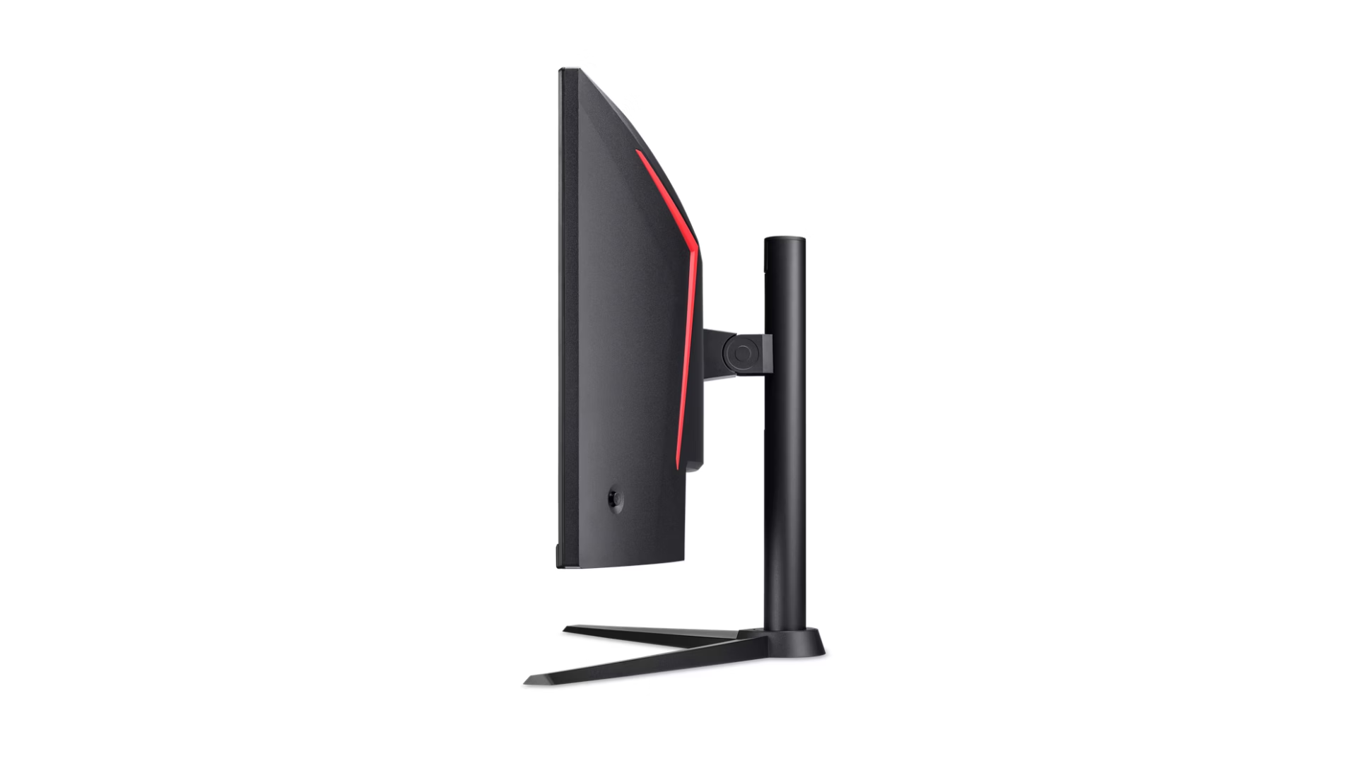 Monitor nero con illuminazione rossa d'accento, vista laterale, su un supporto.
