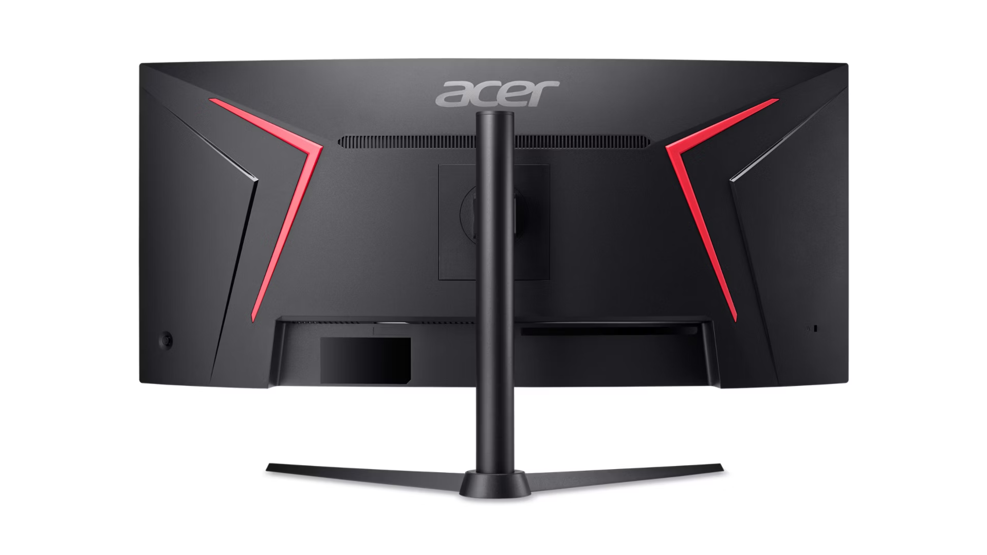 Retro di un monitor gaming Acer nero con accenti rossi e supporto a tre gambe.