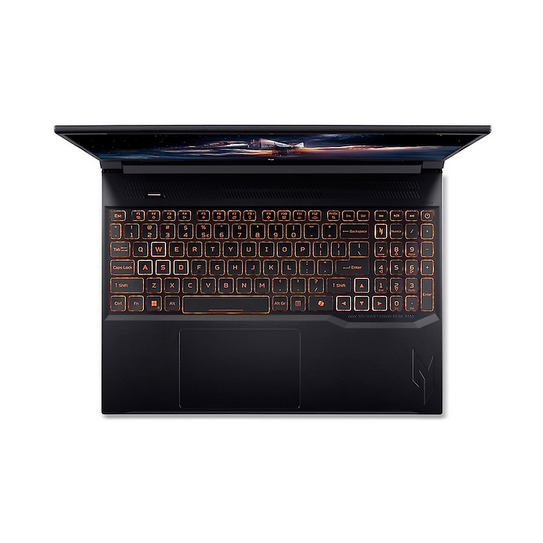 Laptop nero con tastiera e schermo retroilluminati.