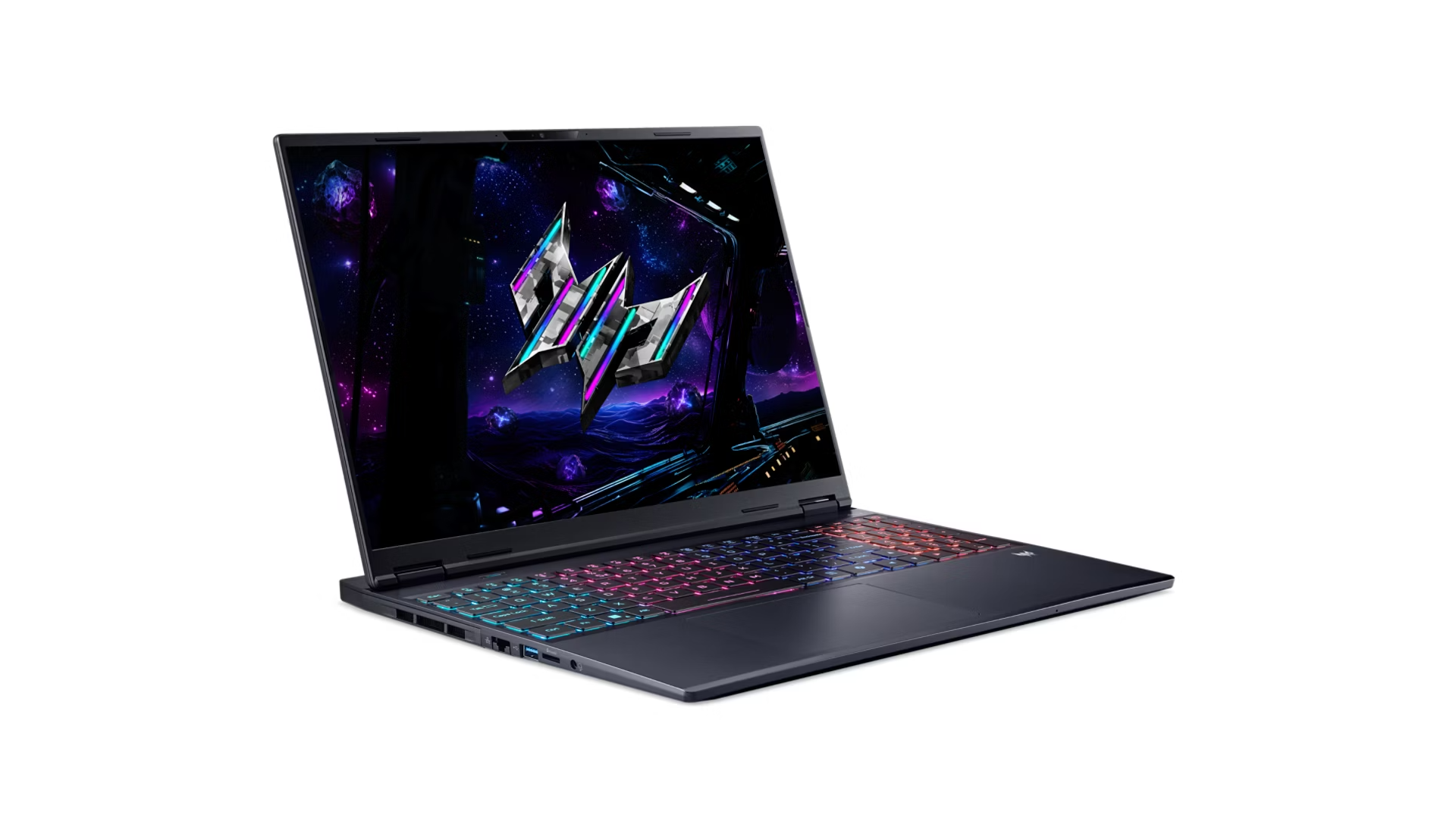 Un laptop scuro con tastiera luminosa e sfondo spaziale futuristico sullo schermo.