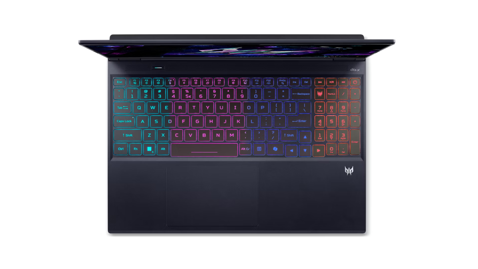 Un laptop aperto con tastiera retroilluminata multicolore.