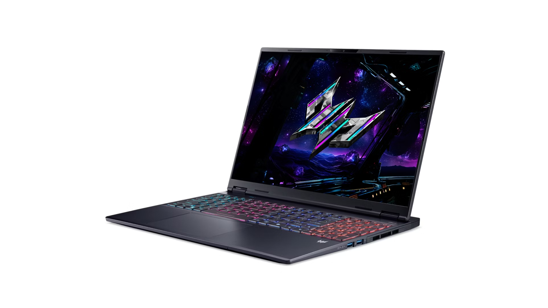 Un laptop aperto con tastiera luminosa e logo spaziale sullo schermo.