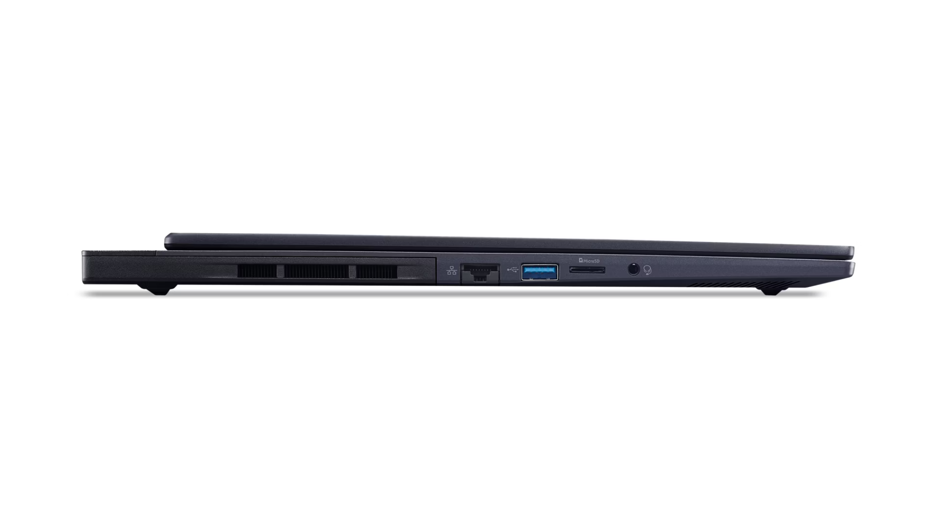 Lato sinistro di un laptop nero con prese d'aria, porta USB, Ethernet e slot per schede MicroSD.