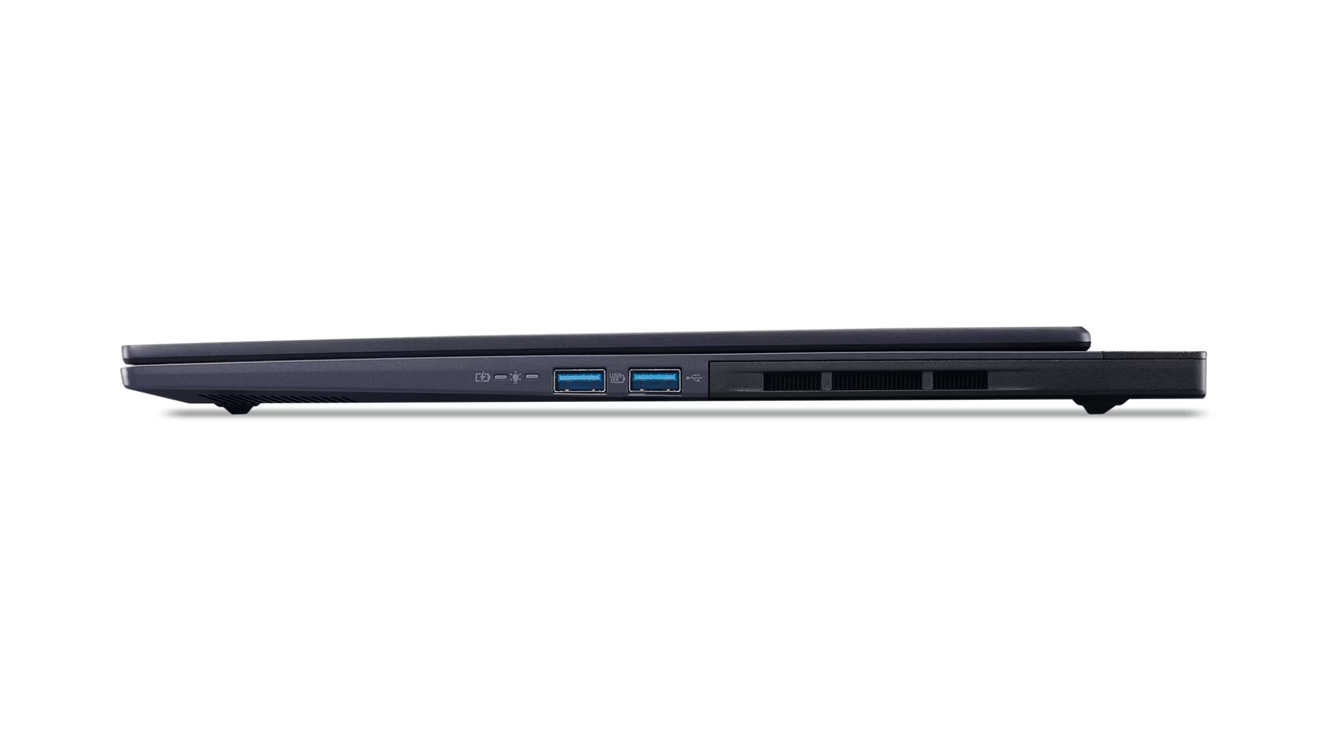 Il lato destro di un laptop scuro con due porte USB e fessure di ventilazione.