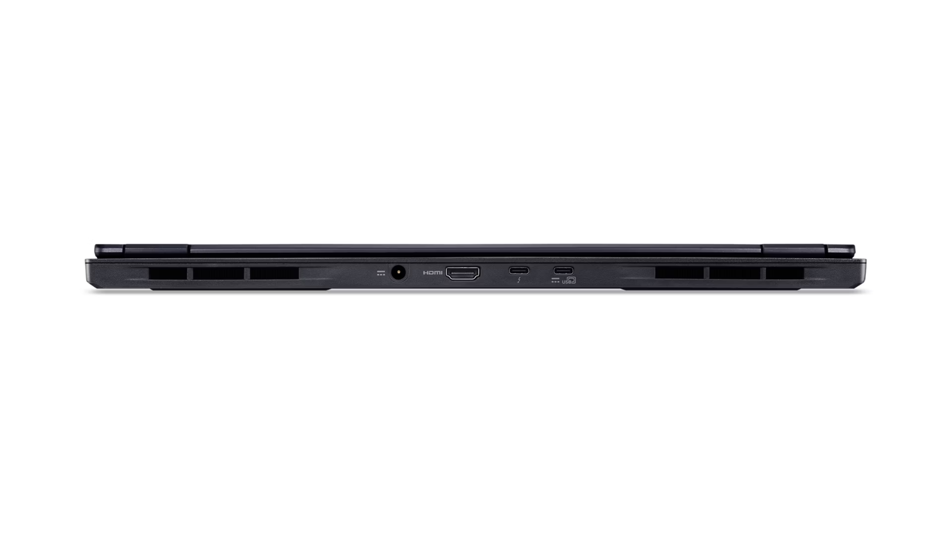 Vista laterale di un laptop nero che mostra le porte: alimentazione, HDMI, Thunderbolt, USB-C.