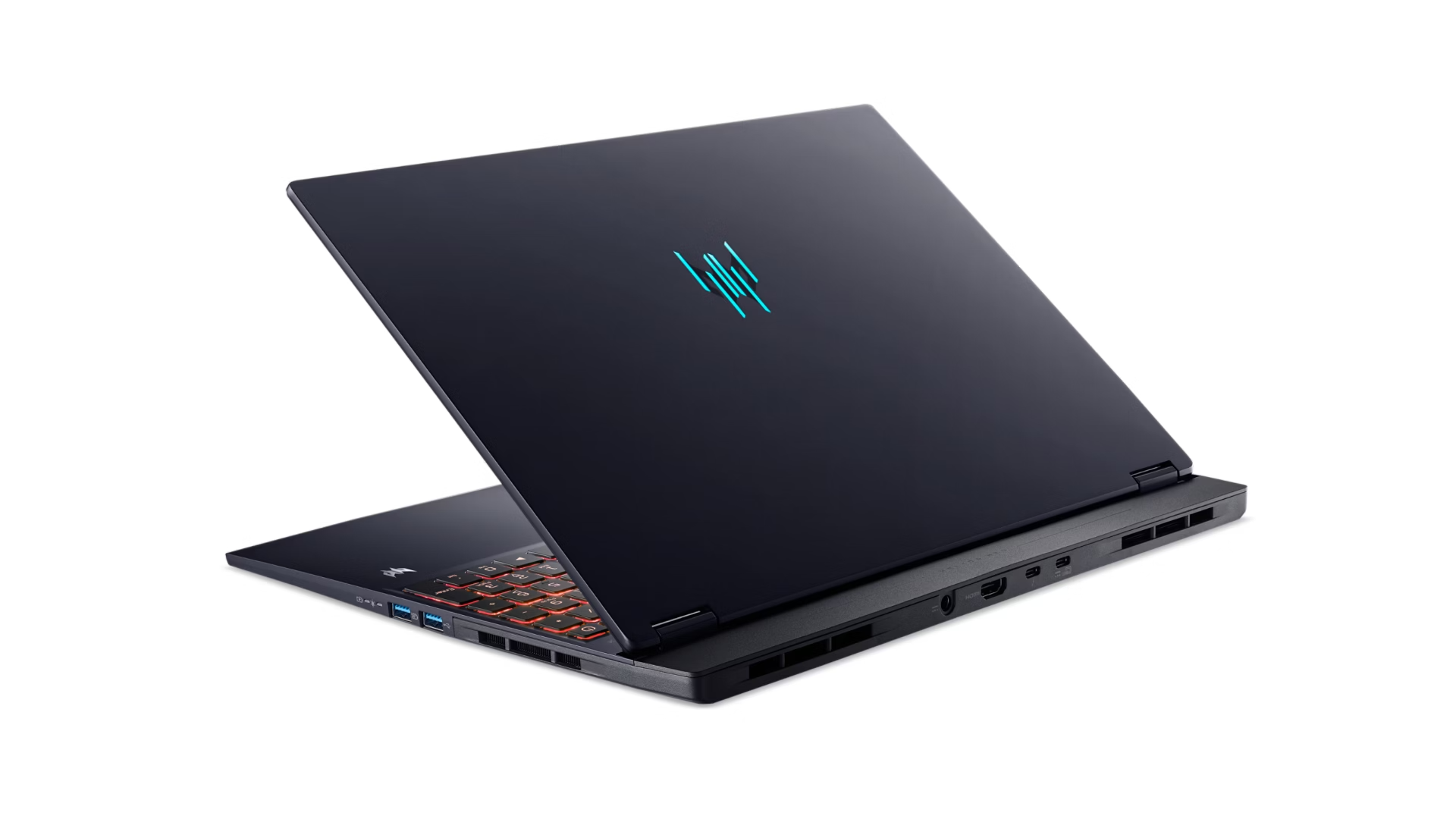 Laptop scuro con logo blu luminoso e tastiera retroilluminata arancione, vista angolata.