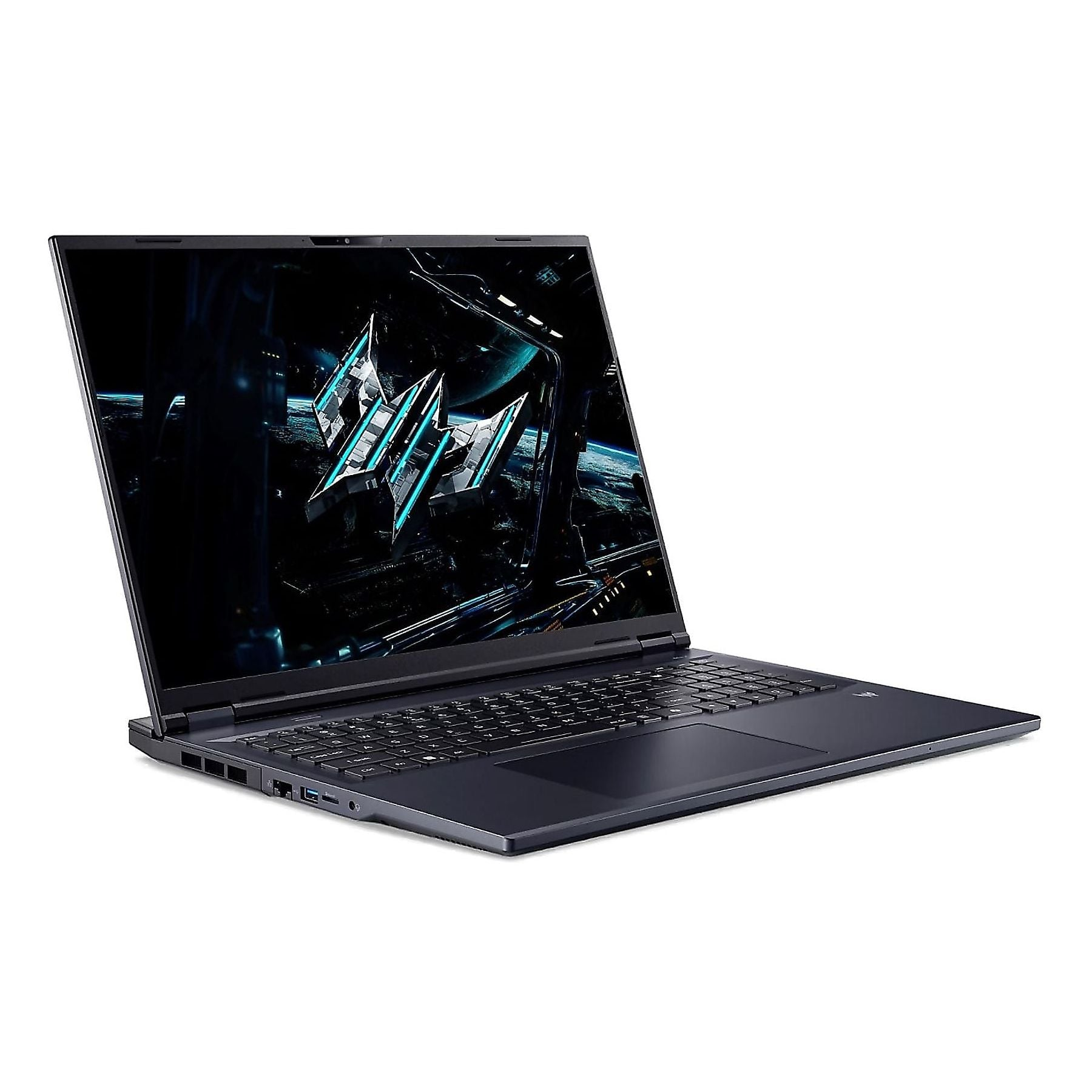 Un laptop scuro aperto che visualizza un'immagine futuristica sul suo schermo.