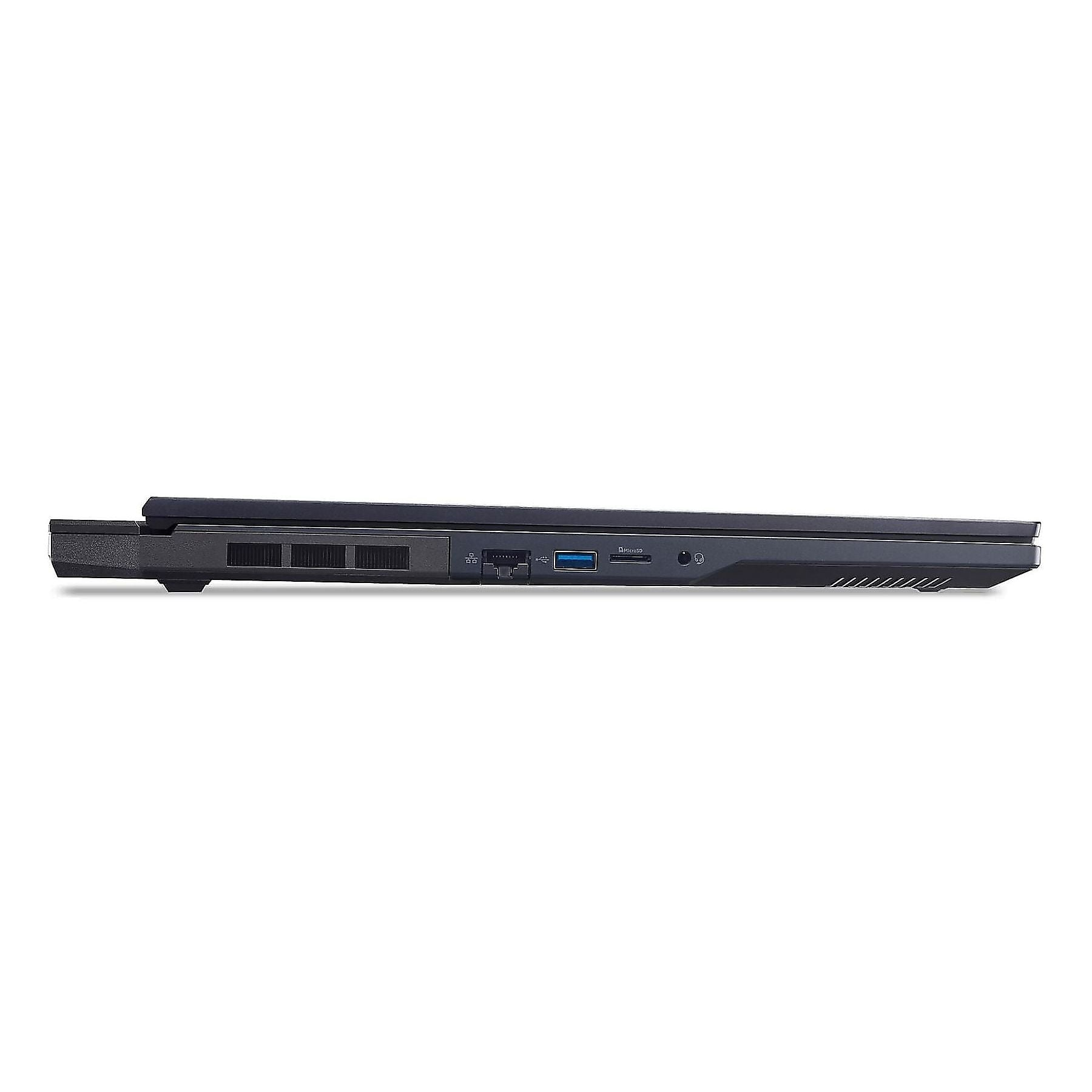 Primo piano del lato sinistro di un laptop nero con porte e prese d'aria.