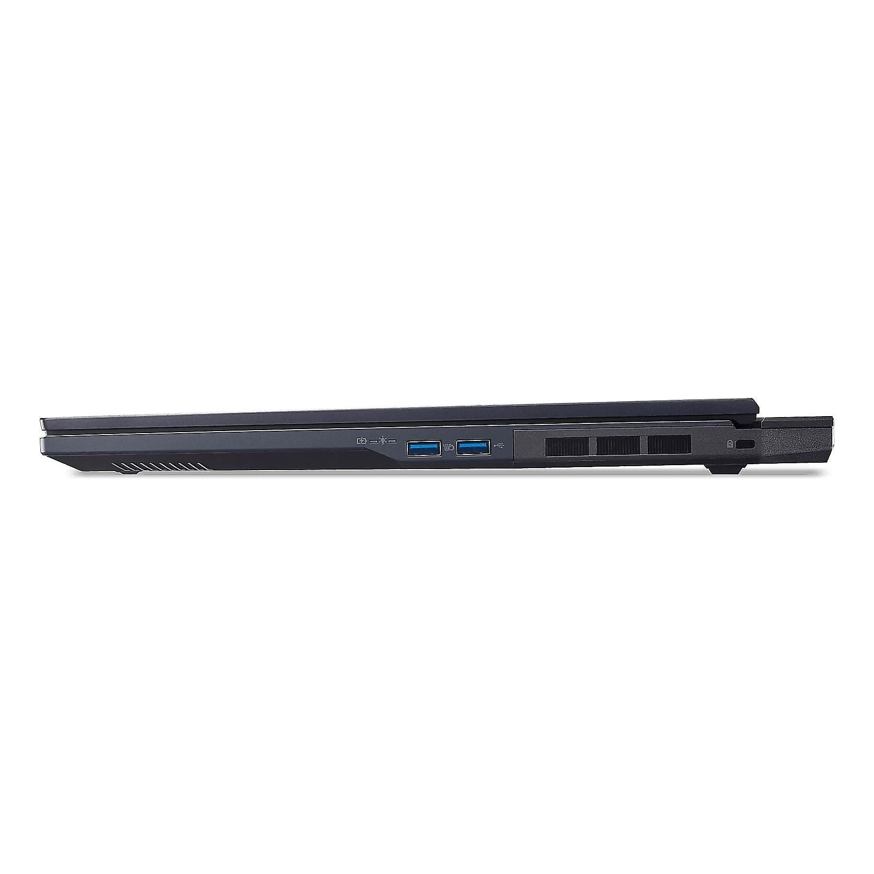 Vista laterale di un laptop nero con porte USB e prese d'aria.