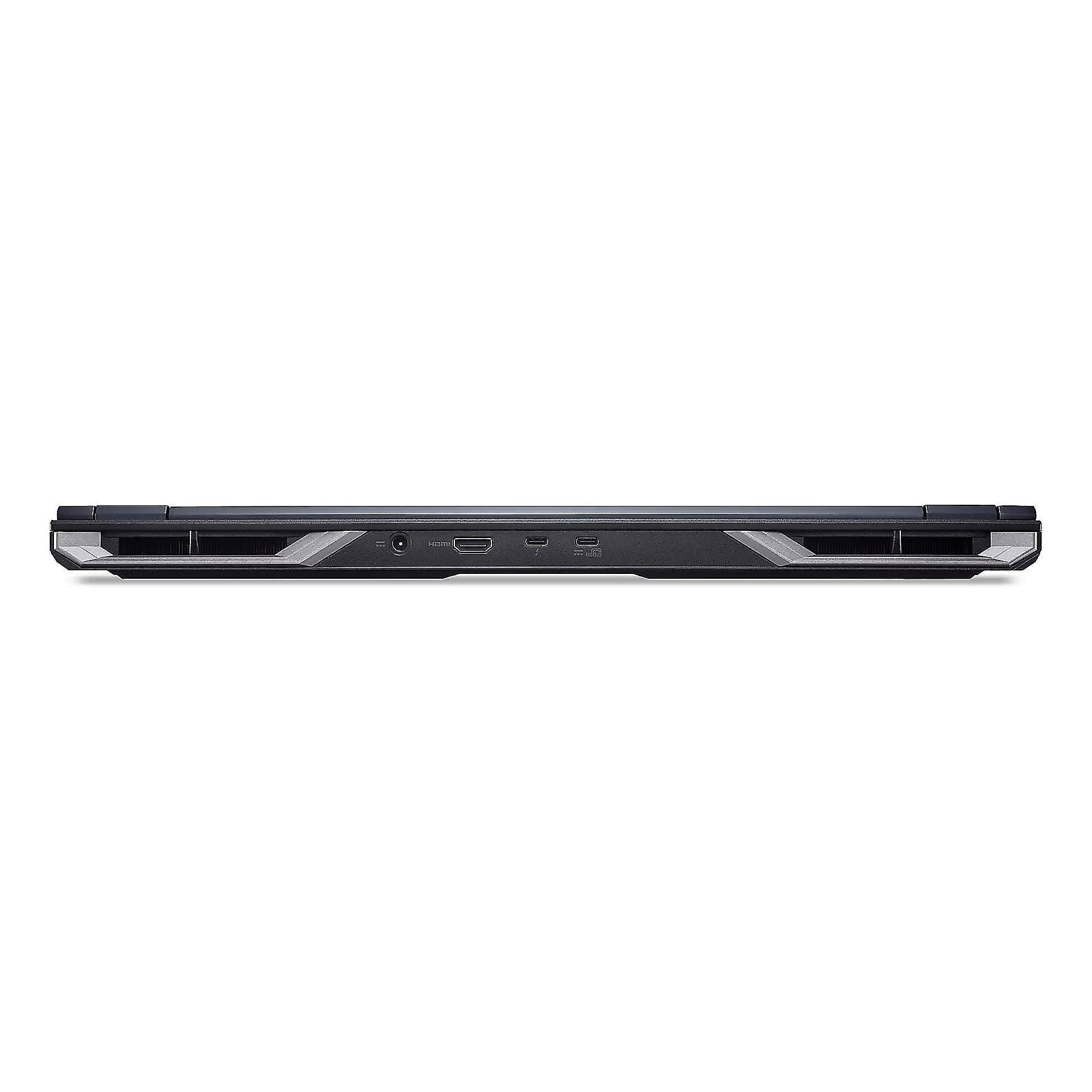 Vista laterale di un laptop nero che mostra le porte: alimentazione, HDMI, USB-C, USB-A.