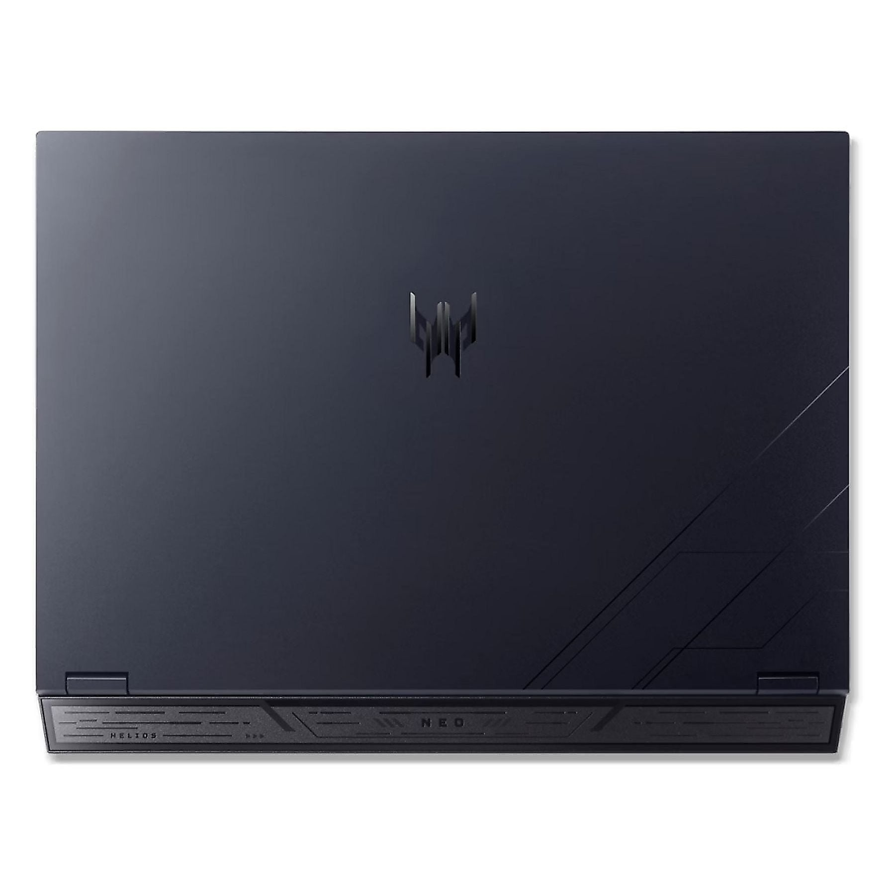 Un laptop chiuso, blu scuro, con un logo argentato sul coperchio.