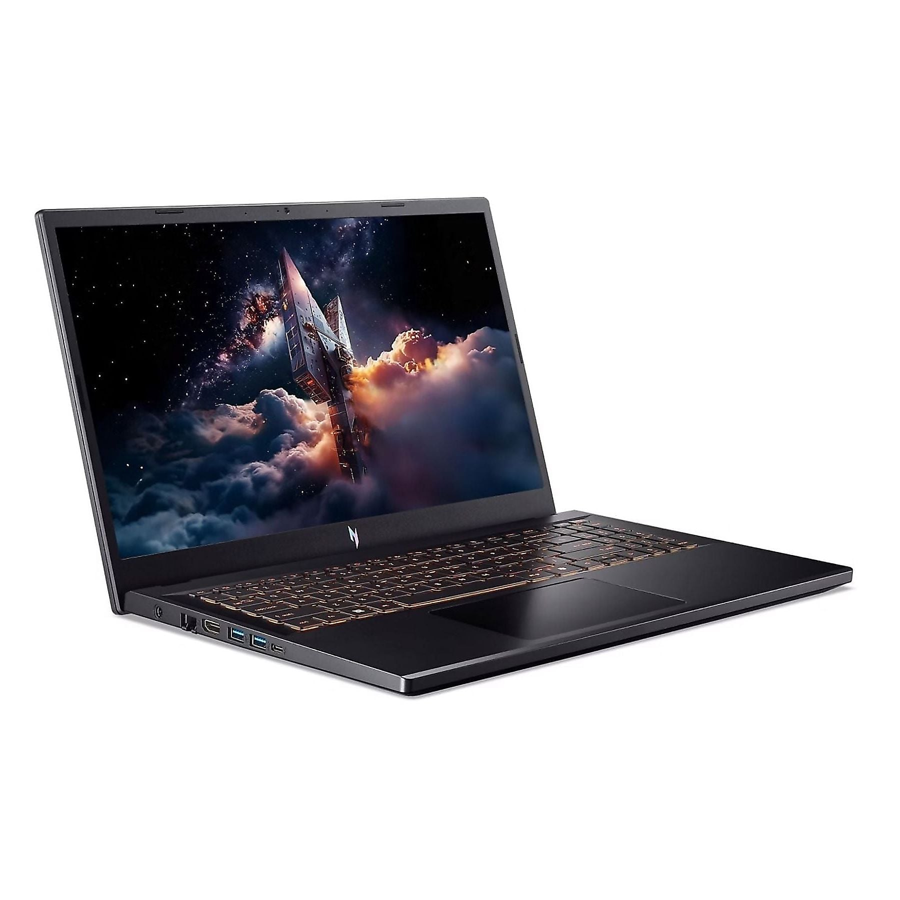 Laptop nero con tastiera illuminata e sfondo a tema spaziale.