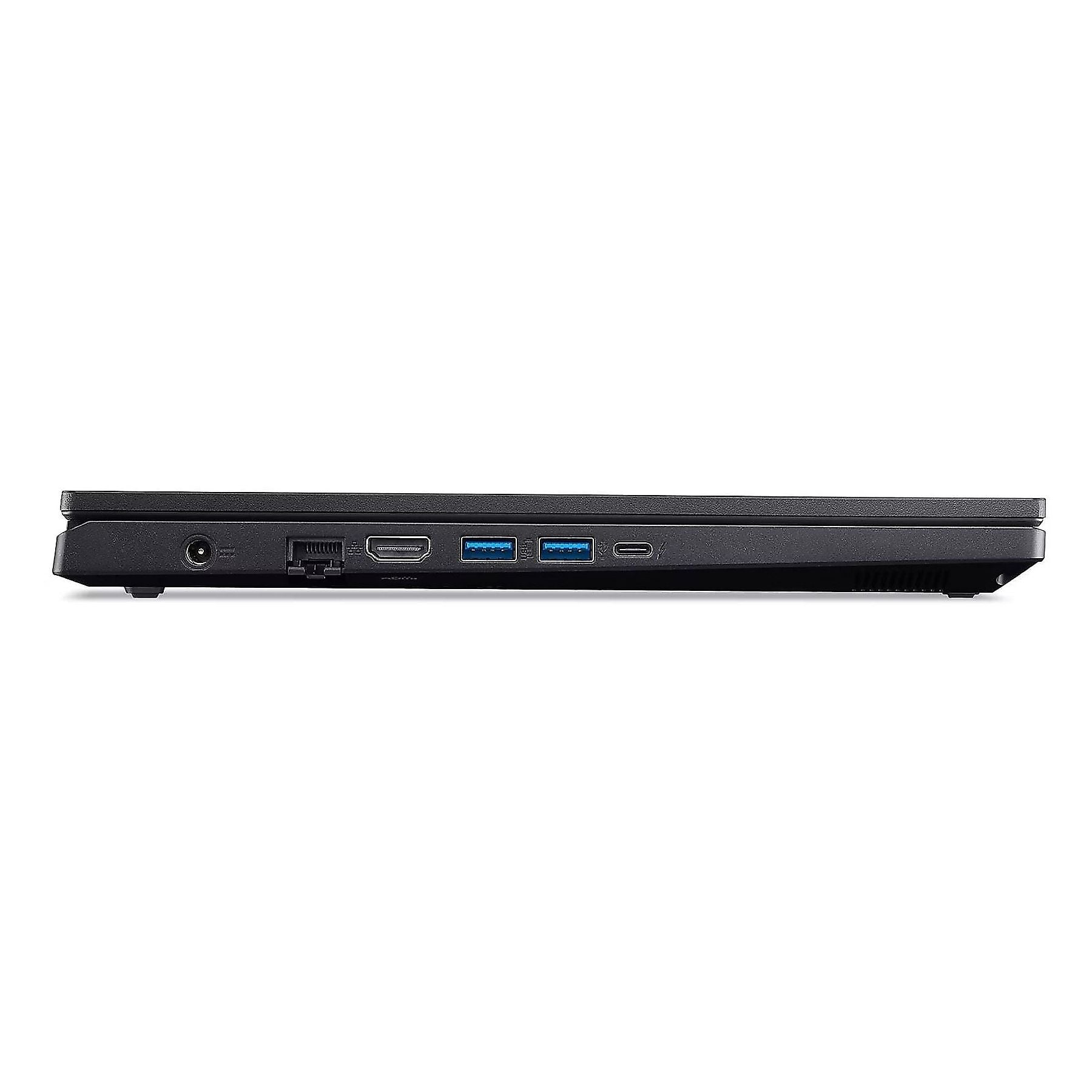 Lato nero del laptop con porte: alimentazione, HDMI, USB-A, USB-C.