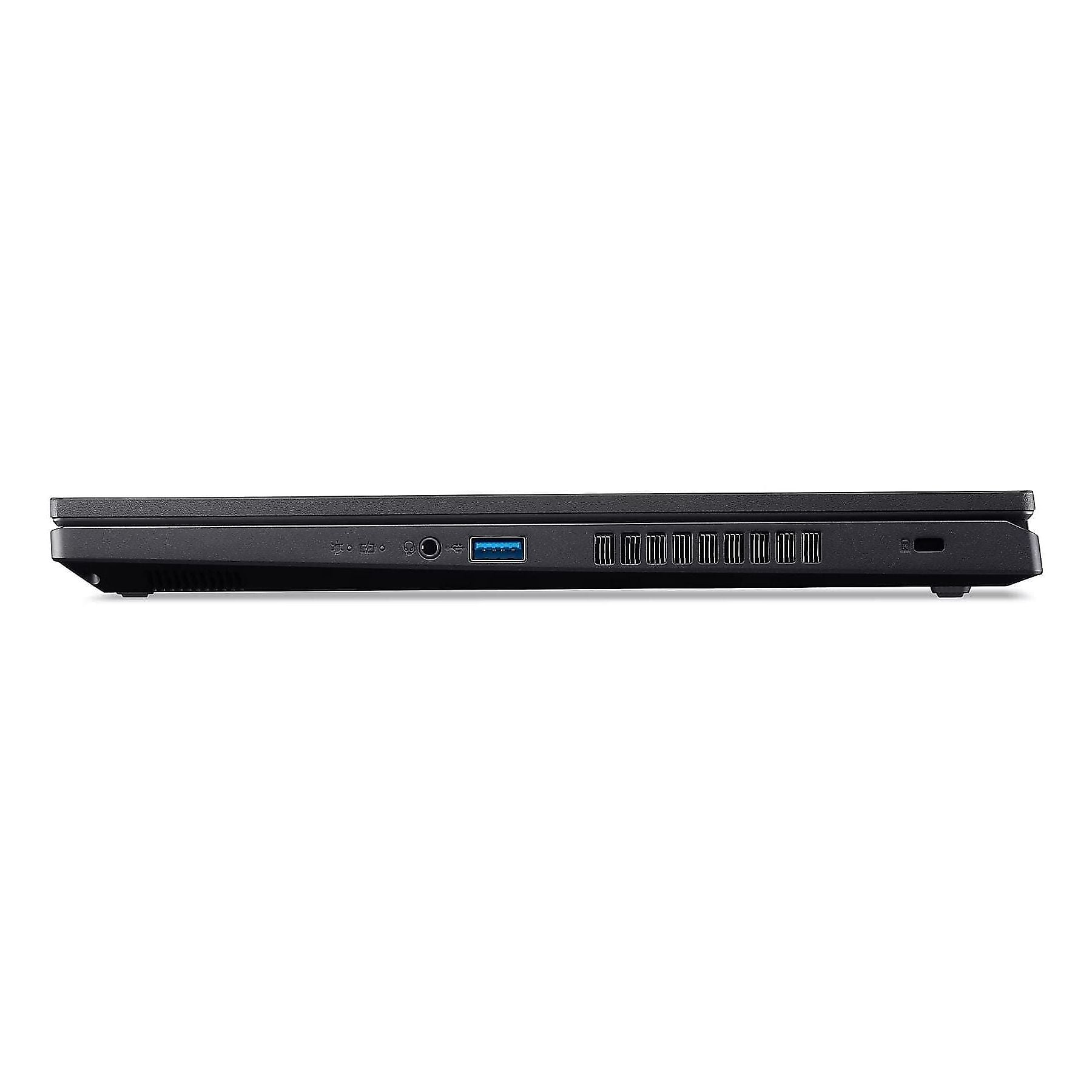 Lato laptop nero con porte: USB, cuffie, lettore schede SD.