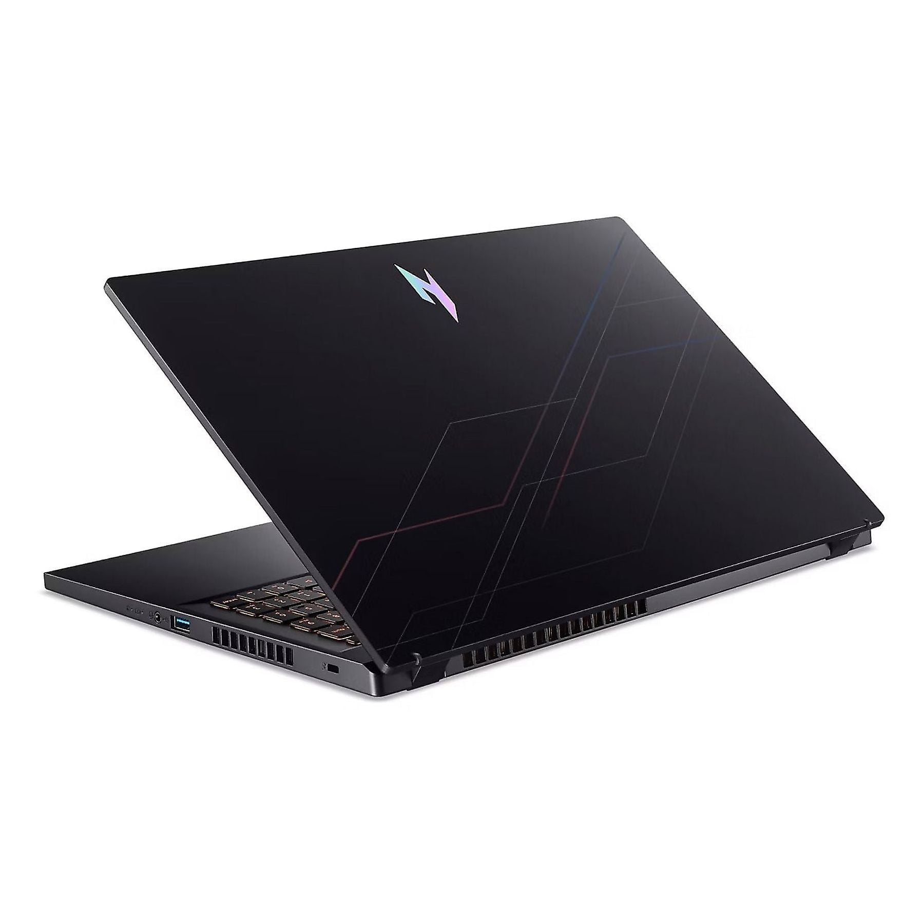 Laptop nero con logo illuminato e linee geometriche sul coperchio.