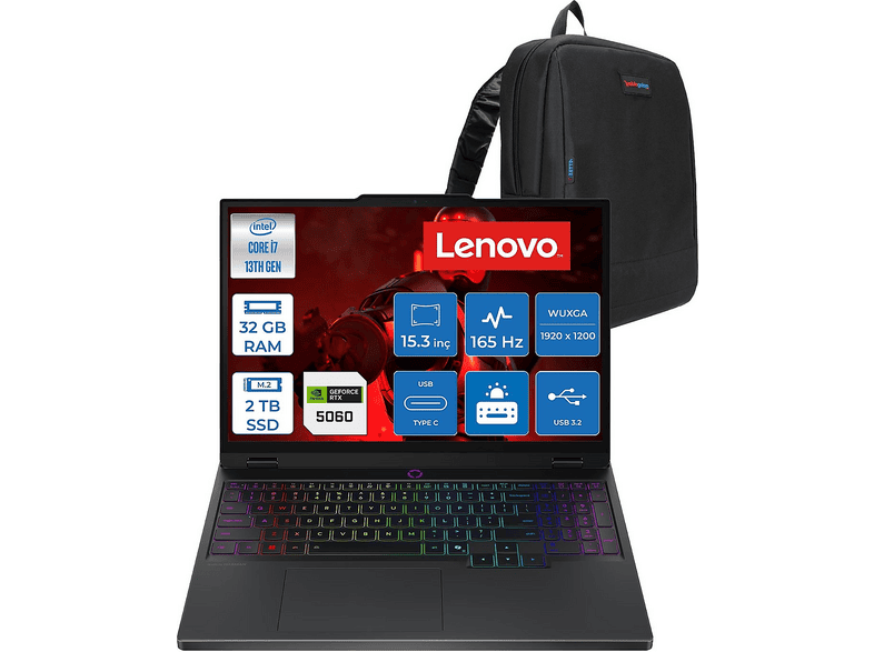 LENOVO Legion 5 8 GB RTX5060 WUXGA IPS 165 Hz 83LY00B7TRF11 Intel Core i7-13650HX 32 GB RAM 2 TB SSD 15,3 inç FreeDOS Laptop+Çanta Siyah