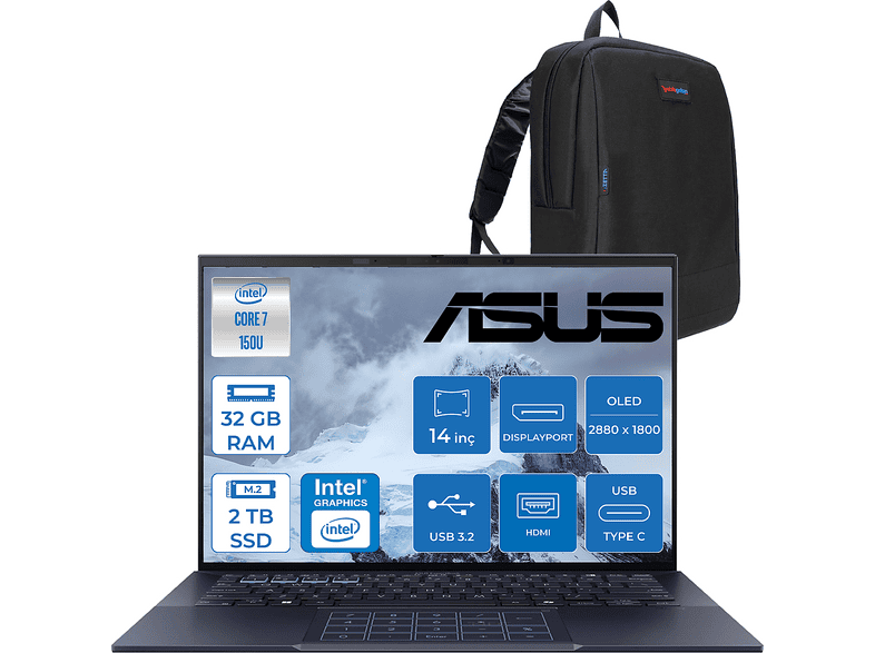 ASUS ExpertBook B9 OLED Wqxga+ 400NIT IPS OLED 90NX05W104 Intel Core i7-150U 32 GB RAM 2 TB SSD 14 inç FreeDOS Laptop+Çanta Mavi