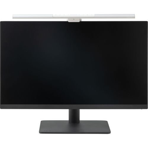 A black computer monitor with a silver light bar attached to the top.