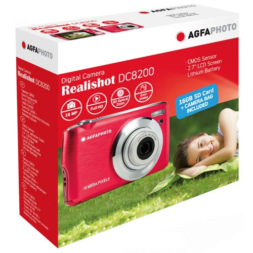 Rot AgfaPhoto Realishot DC8200 Digitalkamera Verpackung mit Frau im Hintergrund.