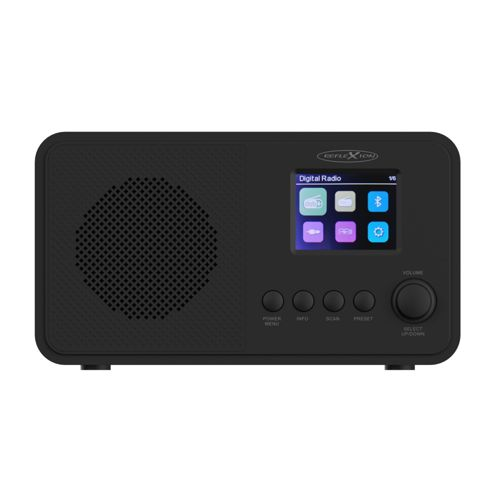 Schwarzer Digitalradio mit Bildschirm, Lautsprechergitter und Bedienknöpfen.