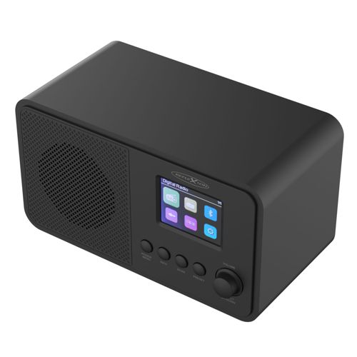 Ein schwarzes digitales Radio mit Bildschirm und Bedienelementen.