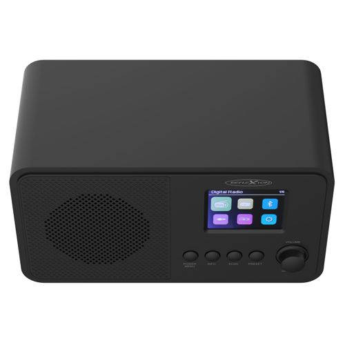 Ein schwarzes Digitalradio mit Lautsprecher links und Bildschirm rechts.