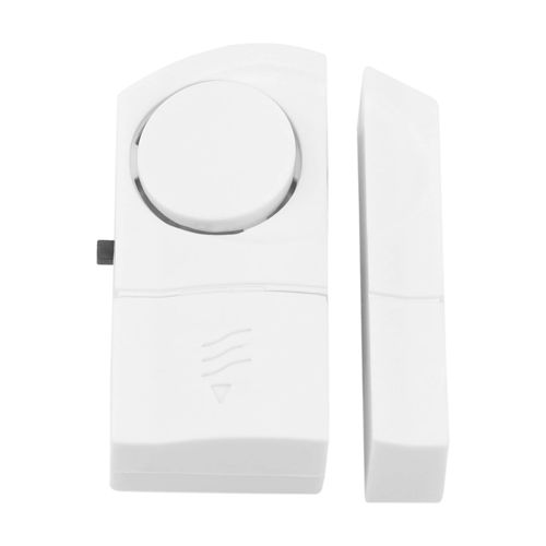 Ein weißer Tür-/Fensterkontakt mit einem runden Lautsprecher und einem schlanken Sensor.