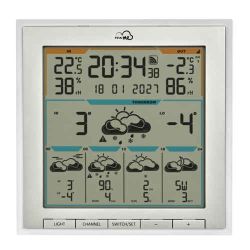 Affichage de station météo numérique montrant les températures intérieures/extérieures, l'humidité, la date et les prévisions.