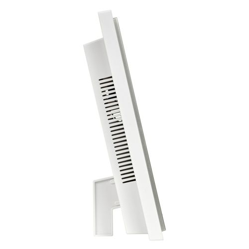 Arrière d'un moniteur blanc avec aérations et support. Vue de côté.