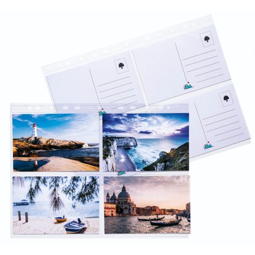 Vier Postkarten in einer Hülle: Leuchtturm, Klippen, Strand mit Booten, Venedig.
