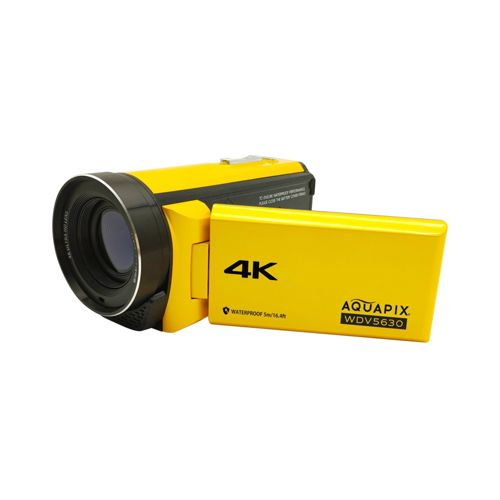 Ein gelbes Aquapix WDV5630 Camcorder mit 4K-Aufnahme ist auf weißem Hintergrund abgebildet.
