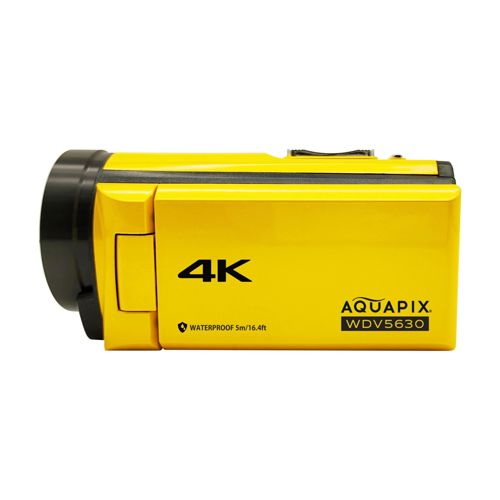 Eine gelbe 4K-Videokamera mit der Aufschrift AQUAPIX WDV5630 und wasserdicht bis 5m.