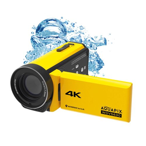 Gelbe 4K-Videokamera mit Wasserspritzern und LCD-Bildschirm.