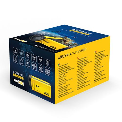 Verpackung einer gelben 4K-Videokamera mit Produktmerkmalen und Spezifikationen.