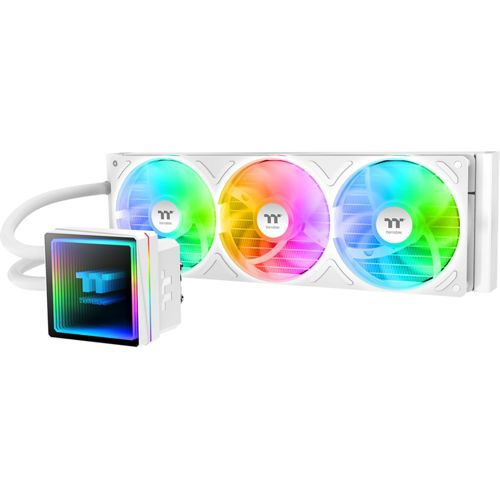 Raffreddatore a liquido bianco per PC con tre ventole RGB e schermo.