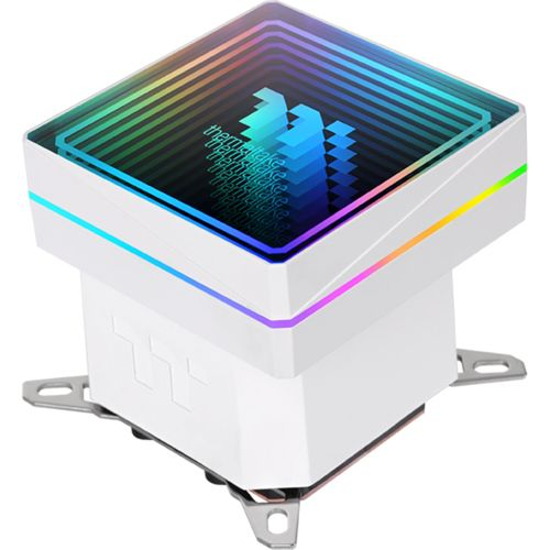 Dissipatore CPU bianco per computer con illuminazione RGB arcobaleno e parte superiore riflettente con logo.