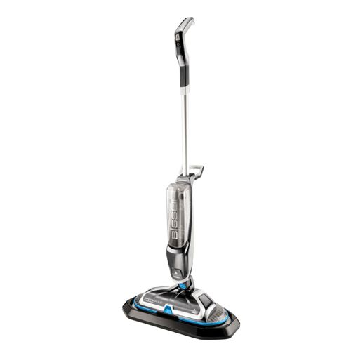 A vertical wet dry vacuum with a clear tank and black handle.