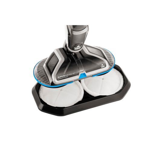 A black floor cleaner with two round white pads on a black base.