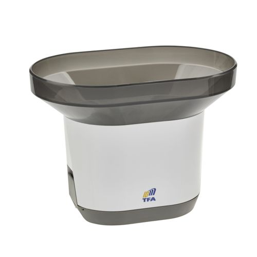 Un pluviomètre blanc avec un dessus gris et logo TFA.