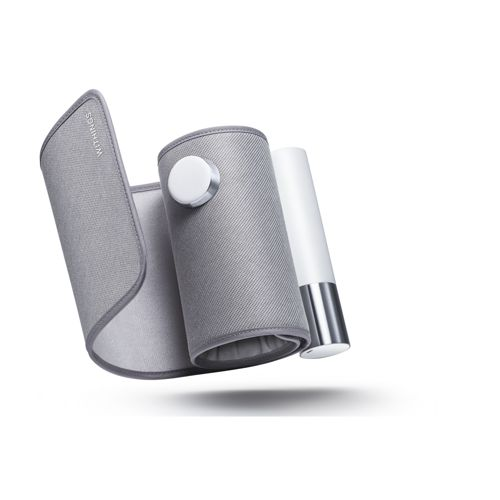 Bracciale per la pressione sanguigna grigio con pulsante bianco e tubo bianco con estremità argentata.
