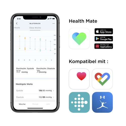 Uno smartphone mostra un'app per la salute con dati sulla pressione sanguigna. Accanto ci sono loghi di app.